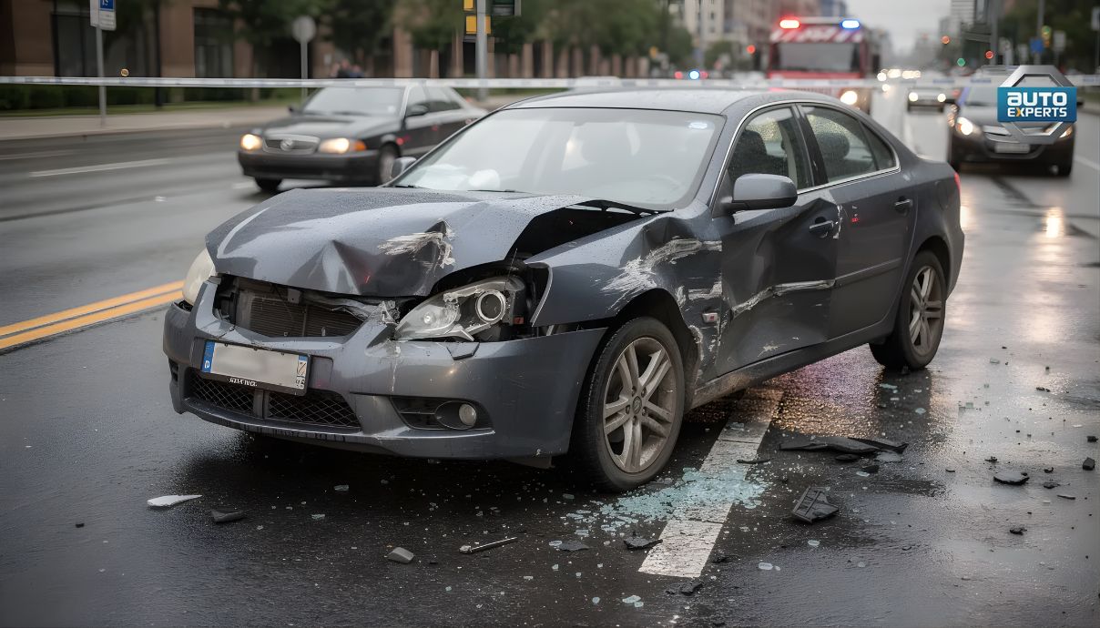 Das Bild zeigt ein beschädigtes Fahrzeug nach einem Verkehrsunfall auf einer Straße, wobei der Unfallschaden deutlich sichtbar ist. Ein Kfz-Gutachter in Düsseldorf könnte hier eine Begutachtung durchführen, um den Schadensbetrag für die Versicherung zu ermitteln.