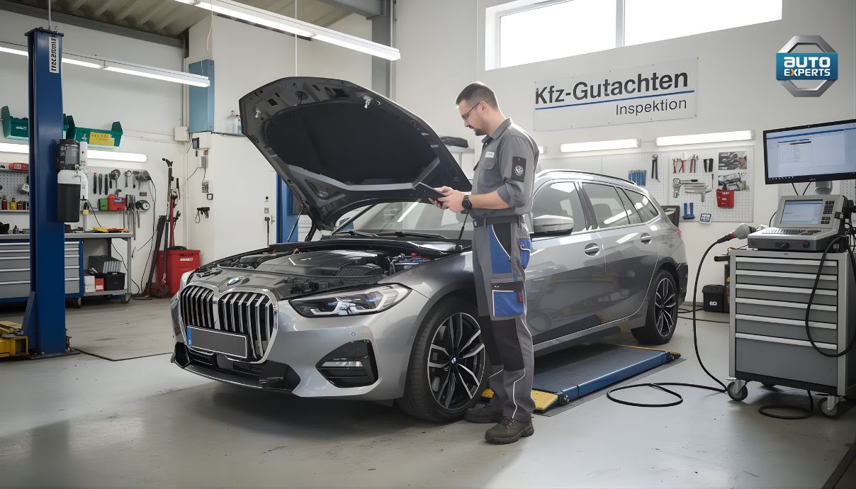 Ein Kfz-Sachverständiger führt eine gründliche Inspektion eines Fahrzeugs in einer Werkstatt durch, um mögliche Schäden zu bewerten und ein Kfz-Gutachten zu erstellen. Diese professionelle Begutachtung ist essenziell für die Schadensregulierung im Falle eines Unfalls und wird von Experten in Düsseldorf angeboten.